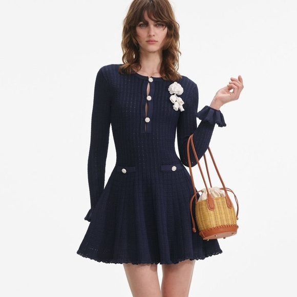 Self-Portrait Dresses & Skirts - Self-Portrait NWOT NAVY POINTELLE KNIT CROCHET FLOWER MINI DRESS
